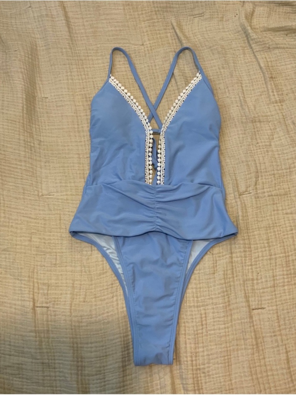 Cupshe Light Blue One-Piece Swimsuit with White Lace Trim